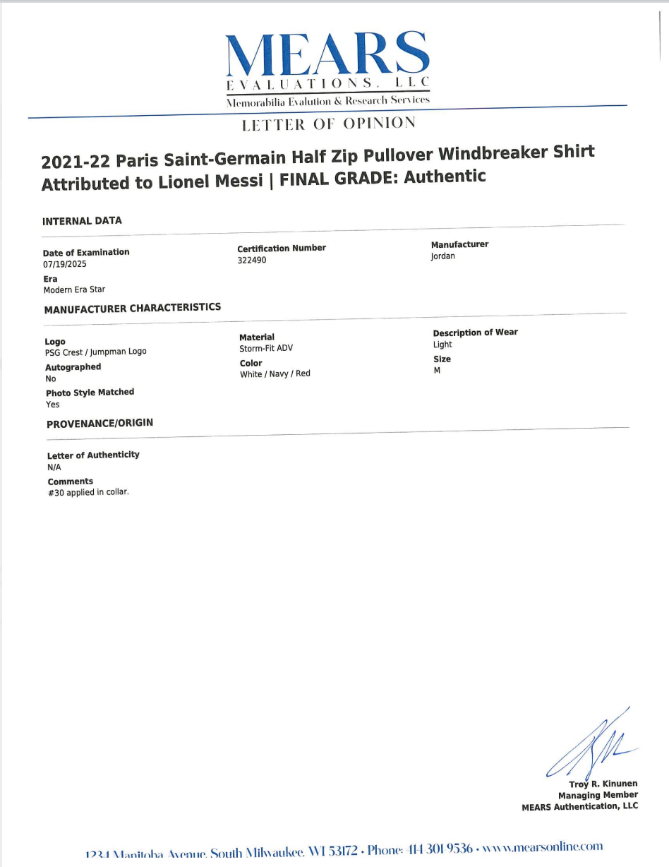 Lionel Messi 2021 22 Paris Saint Germain Half Zip Pullover Windbreaker Shirt Game Used/Game Issued MEARS LOA Authentic