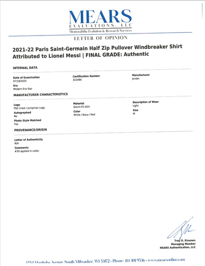 Lionel Messi 2021 22 Paris Saint Germain Half Zip Pullover Windbreaker Shirt Game Used/Game Issued MEARS LOA Authentic