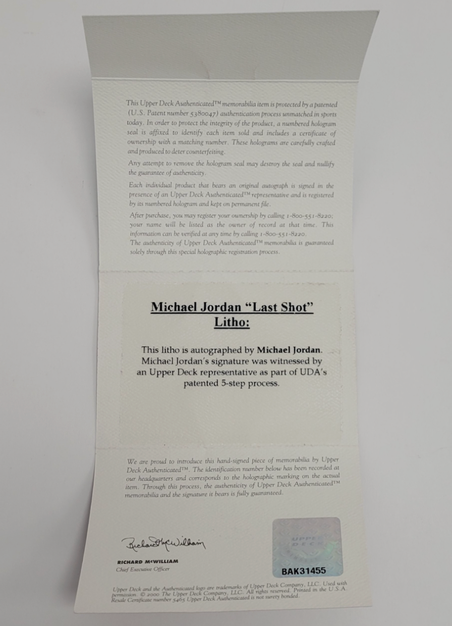 Michael Jordan Autographed "Last Shot" 25x38 Carlo Beninati Fine Art Lithograph LE #1/23 UDA