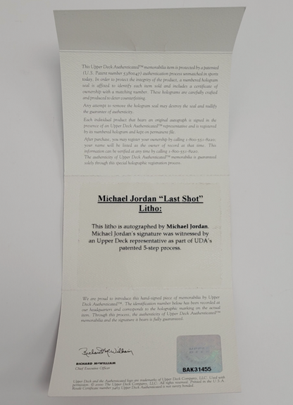 Michael Jordan Autographed "Last Shot" 25x38 Carlo Beninati Fine Art Lithograph LE #1/23 UDA