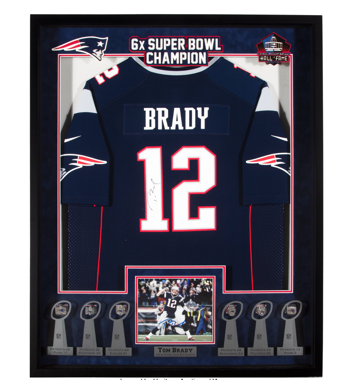 Tom Brady Signed New England Patriots Jersey Display with Replica Super Bowl Rings Framed 33x42 (PSA DNA LOA and Beckett LOA)