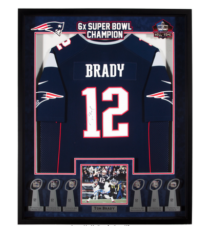 Tom Brady Signed New England Patriots Jersey Display with Replica Super Bowl Rings Framed 33x42 (PSA DNA LOA and Beckett LOA)