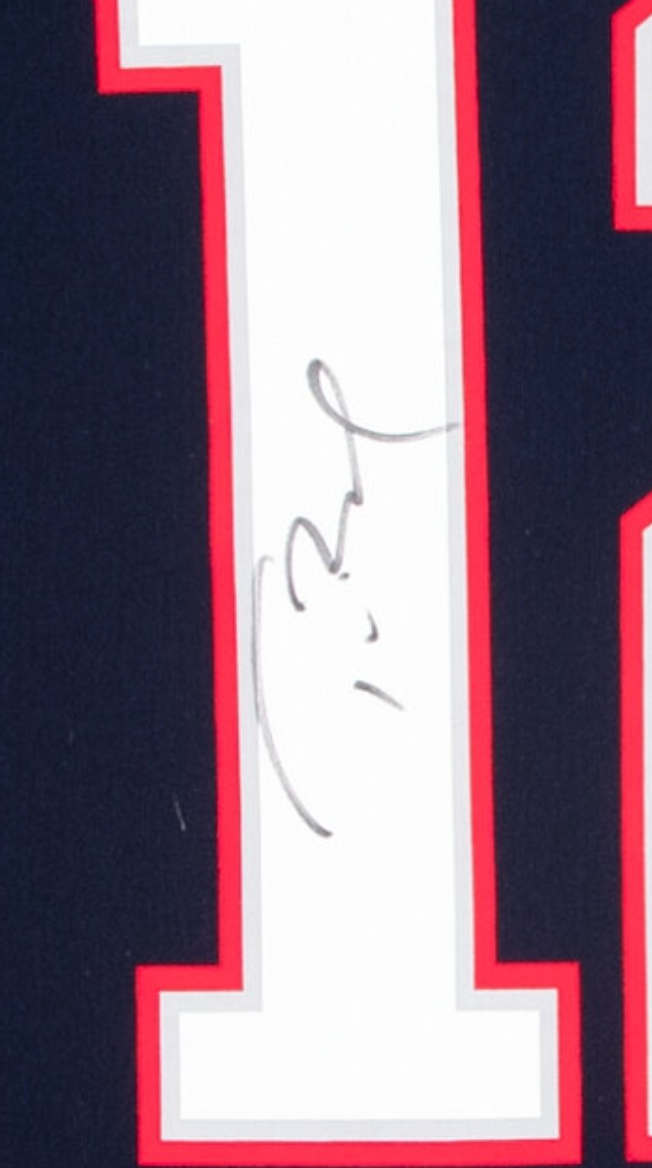 Tom Brady Signed New England Patriots Jersey Display with Replica Super Bowl Rings Framed 33x42 (PSA DNA LOA and Beckett LOA)