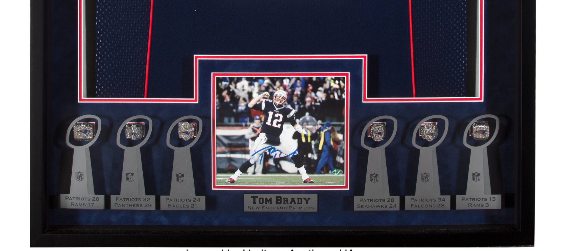 Tom Brady Signed New England Patriots Jersey Display with Replica Super Bowl Rings Framed 33x42 (PSA DNA LOA and Beckett LOA)