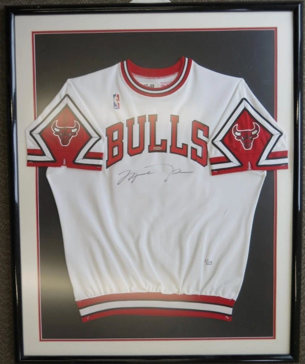 Michael Jordan Signed 1987/88 Mitchell And Ness Bulls Warm Up LE #1/23 Framed UDA