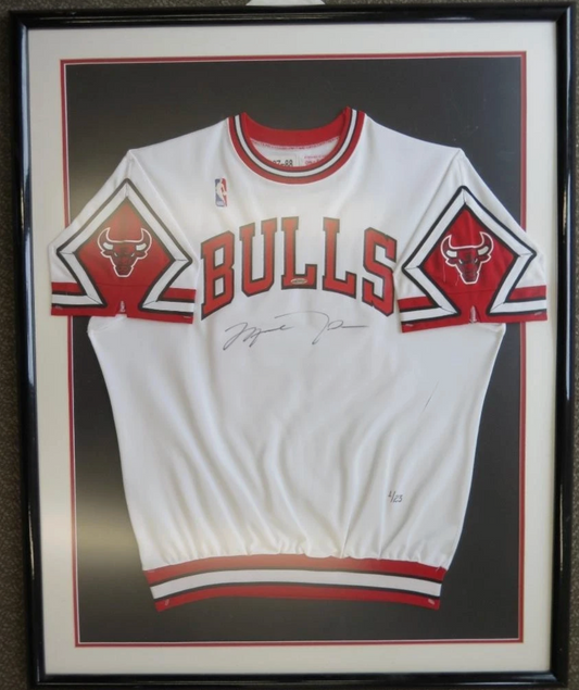 Michael Jordan Signed 1987/88 Mitchell And Ness Bulls Warm Up LE #1/23 Framed UDA