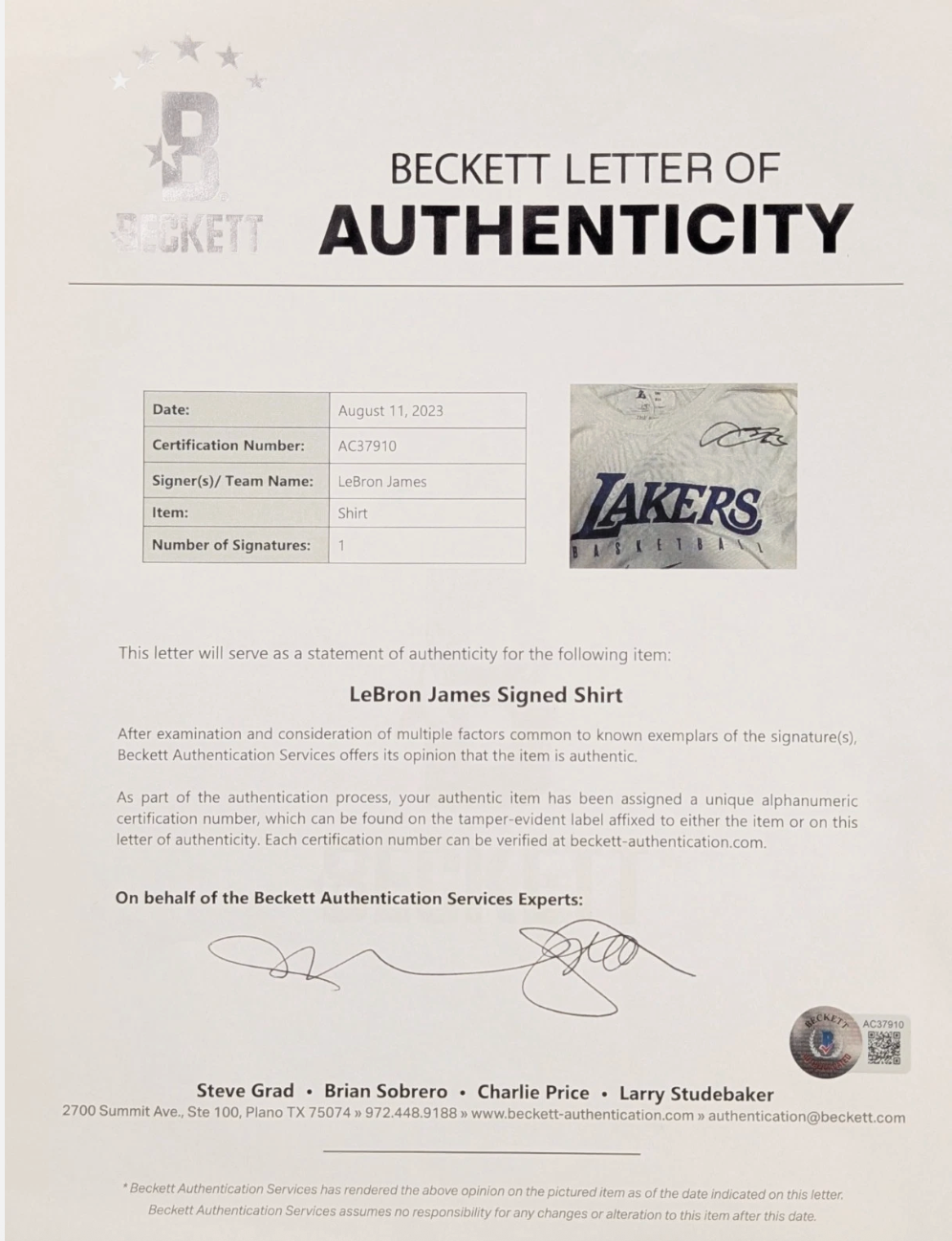 LeBron James Signed Los Angeles Lakers Practice Worn / Potentially Worn Shirt (Beckett And MEARS LOA )