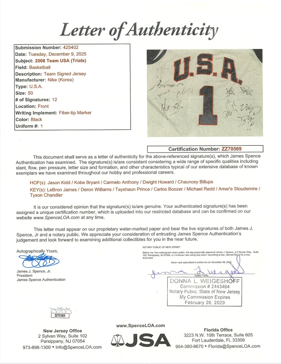 2008 USA Olympic Basketball Trials Team-Signed Jersey (12 Signatures) - Featuring Kobe Bryant, LeBron James, Carmelo Anthony - JSA LOA