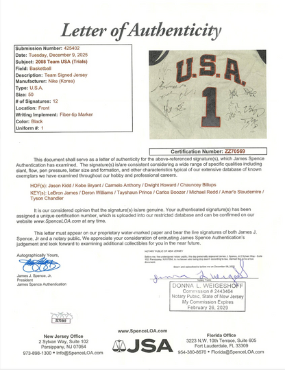 2008 USA Olympic Basketball Trials Team-Signed Jersey (12 Signatures) - Featuring Kobe Bryant, LeBron James, Carmelo Anthony - JSA LOA