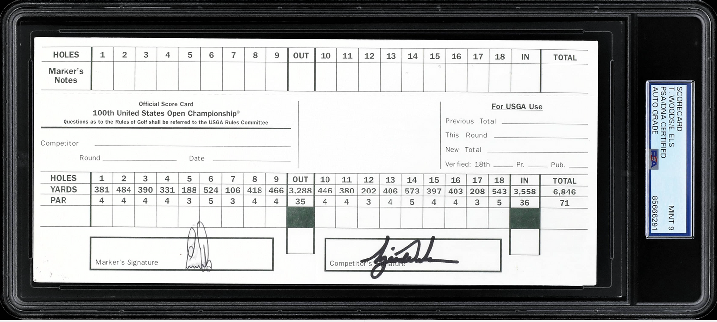 2000 Tiger Woods, Ernie Els Dual-Signed 100th US Open Championship Official Scorecard - PSA/DNA MINT 9 - Woods' First US Open Title