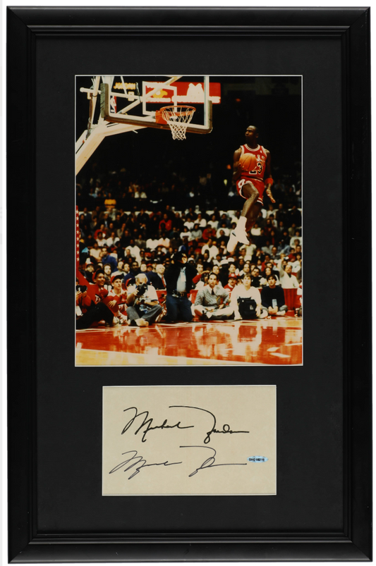 Michael Jordan Signed, Framed Cut 1988 Slam Dunk Contest Display - 17 x 26 - PSA/DNA LOA, UDA