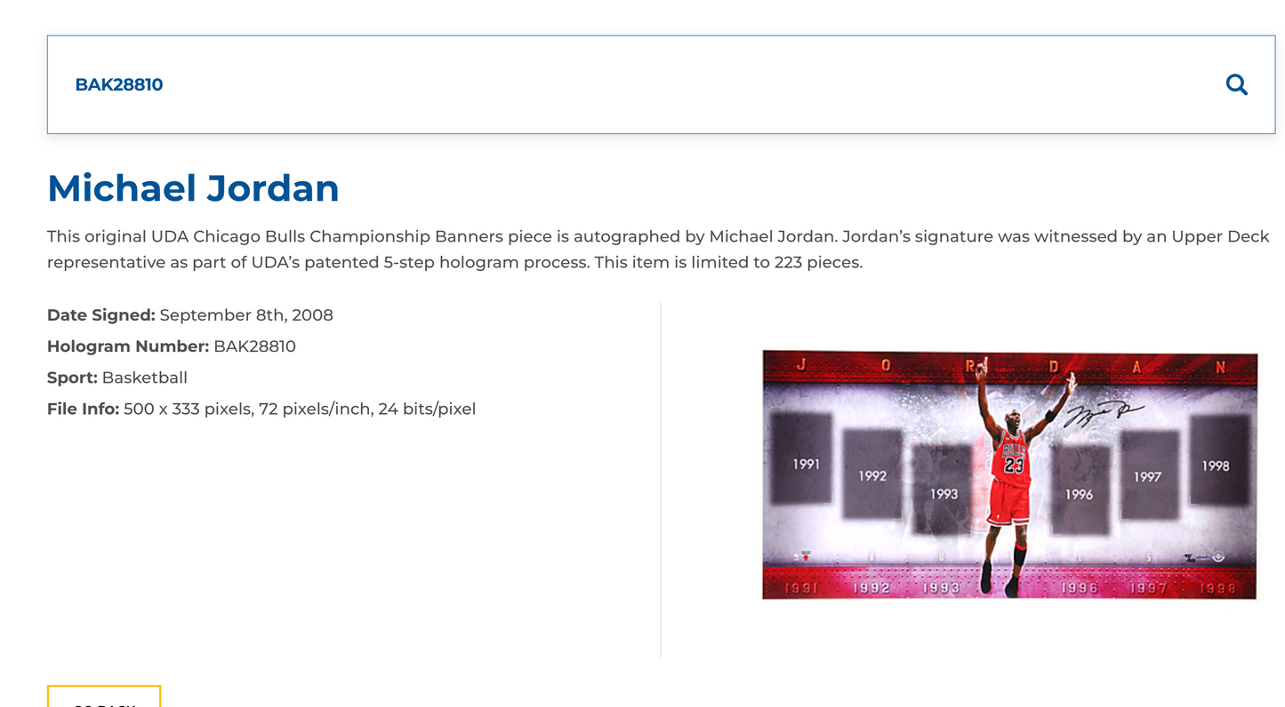 Michael Jordan Signed Bulls Championship Banners /223 - BAK28810 UDA with card
