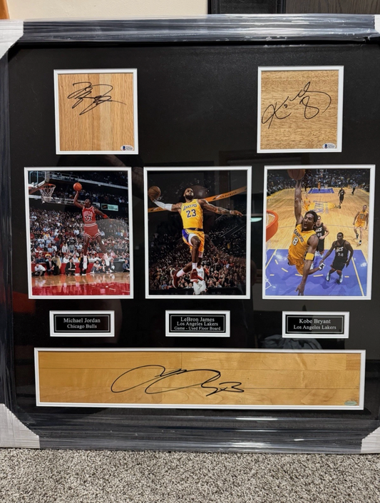 Michael Jordan Kobe Bryant LeBron James Signed Floorboards Framed UD & BAS
