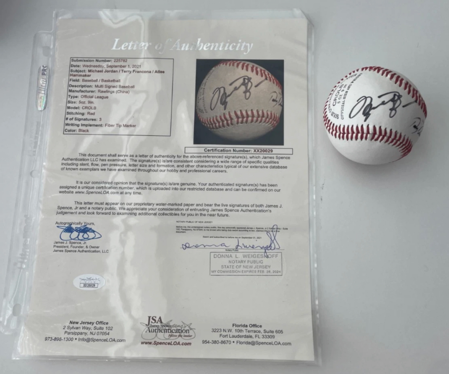 Michael Jordan HOF Autograph Auto Baseball JSA LOA Terry Francona and Atlee Hammaker