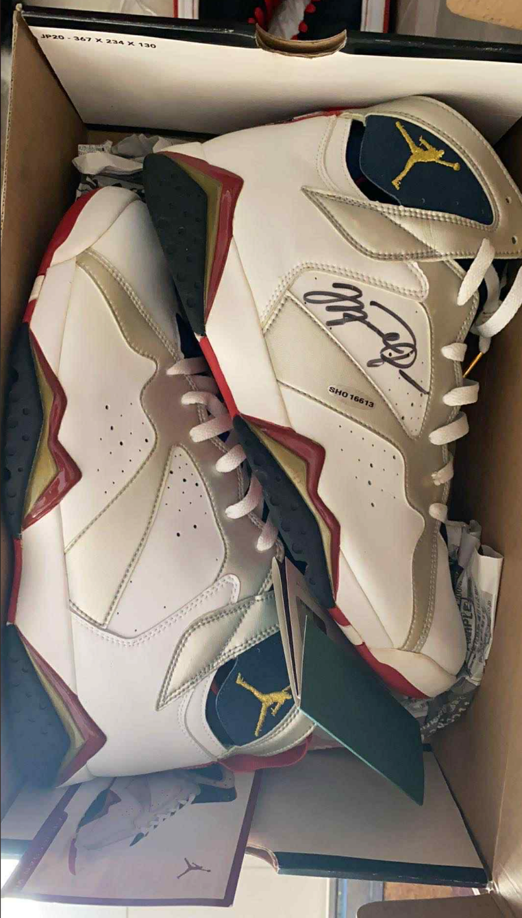Michael Jordan Signed Air Jordan 7 Olympic Sneakers Size 12 UDA with Card