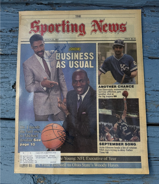 Michael Jordan auto and Dr. J autograph JSA certified Sporting News cover