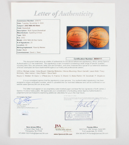 2002 NBA All Star Team-Signed Basketball Jordan, Kobe, Duncan COA JSA Full Letter