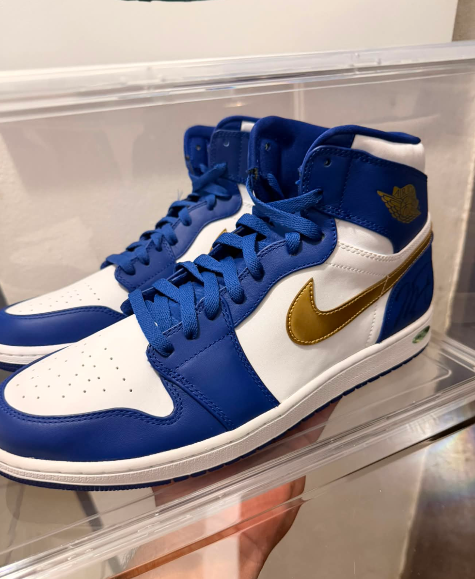 Michael Jordan Signed Nike Air Jordan 1 High Royal Blue, White & Metallic Gold Sneakers UDA with card