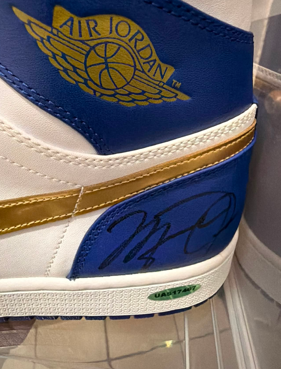 Michael Jordan Signed Nike Air Jordan 1 High Royal Blue, White & Metallic Gold Sneakers UDA with card