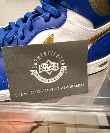 Michael Jordan Signed Nike Air Jordan 1 High Royal Blue, White & Metallic Gold Sneakers UDA with card