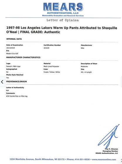 Shaquille O'Neal Game worn Pants Mears