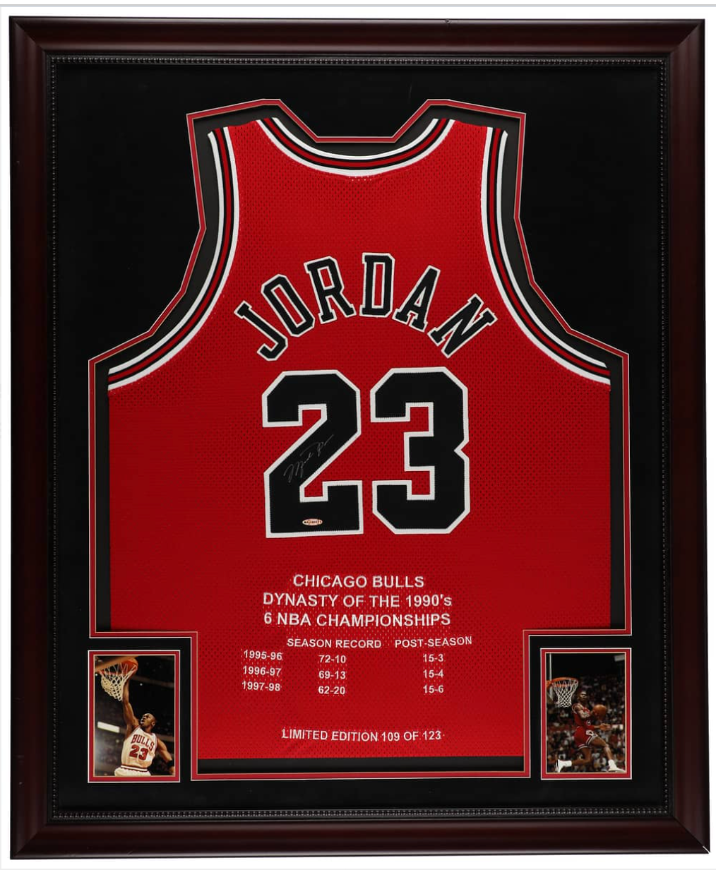 Michael Jordan Signed, Framed Chicago Bulls Dynasty Jersey Collection (3 Different) - Each #109/123, 32.75 x 42.75 - Beckett LOAs (3)