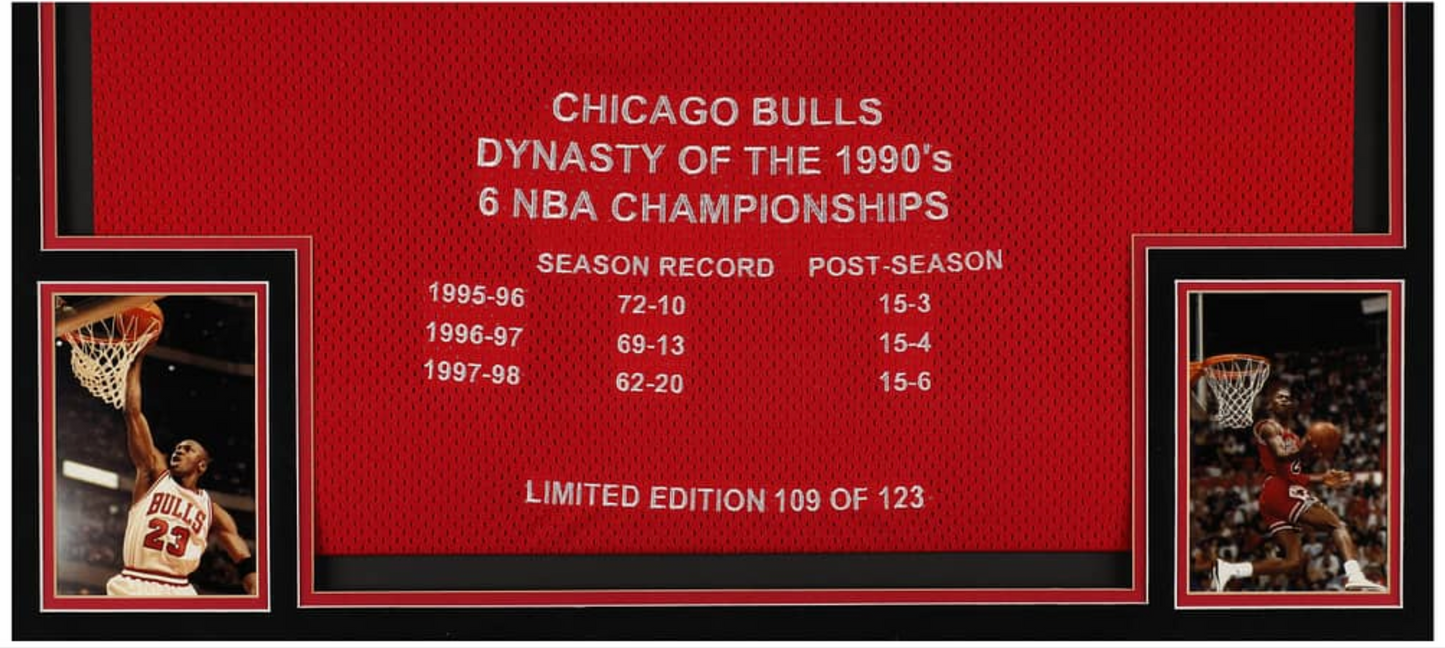 Michael Jordan Signed, Framed Chicago Bulls Dynasty Jersey Collection (3 Different) - Each #109/123, 32.75 x 42.75 - Beckett LOAs (3)