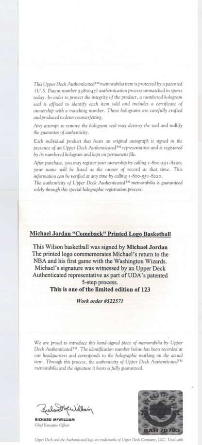 2001 Michael Jordan Signed MJ Comeback Basketball LE (#030/123) - With Original UDA Box - UDA COA, JSA LOA
