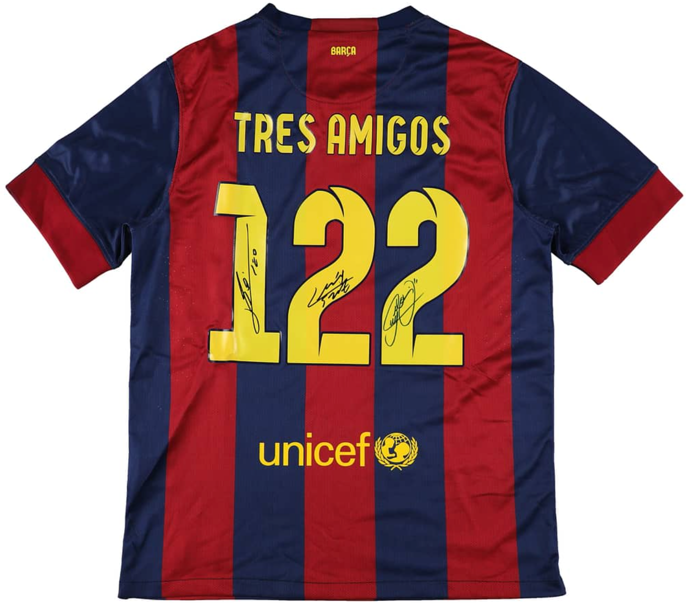 Lot #1339 Next FC Barcelona Legends Multi-Signed FC Barcelona Home Jersey (3 Signatures) - Featuring Lionel Messi, Neymar Jr., Luis Suarez - ICONS COA, Beckett LOA