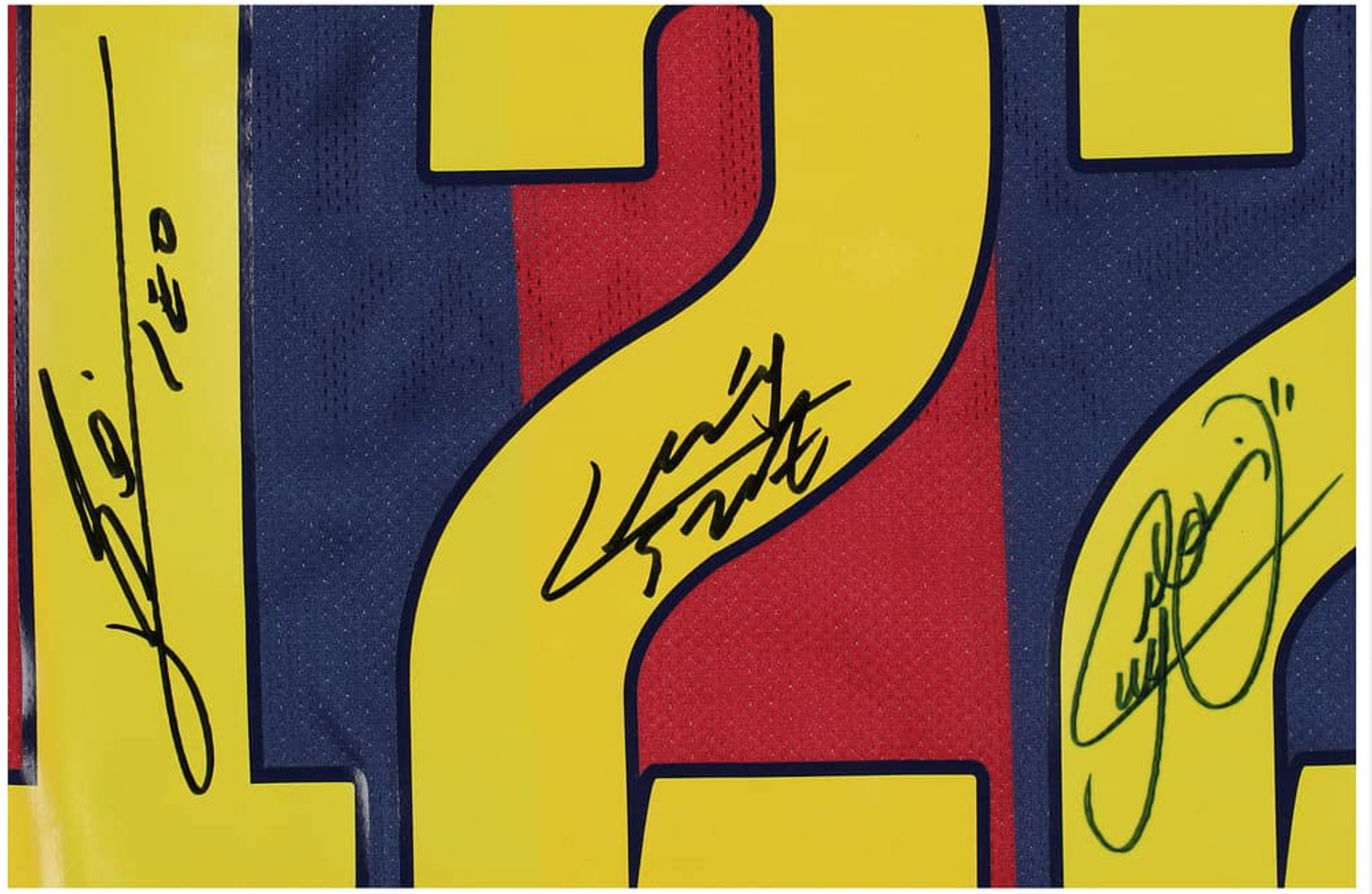 Lot #1339 Next FC Barcelona Legends Multi-Signed FC Barcelona Home Jersey (3 Signatures) - Featuring Lionel Messi, Neymar Jr., Luis Suarez - ICONS COA, Beckett LOA